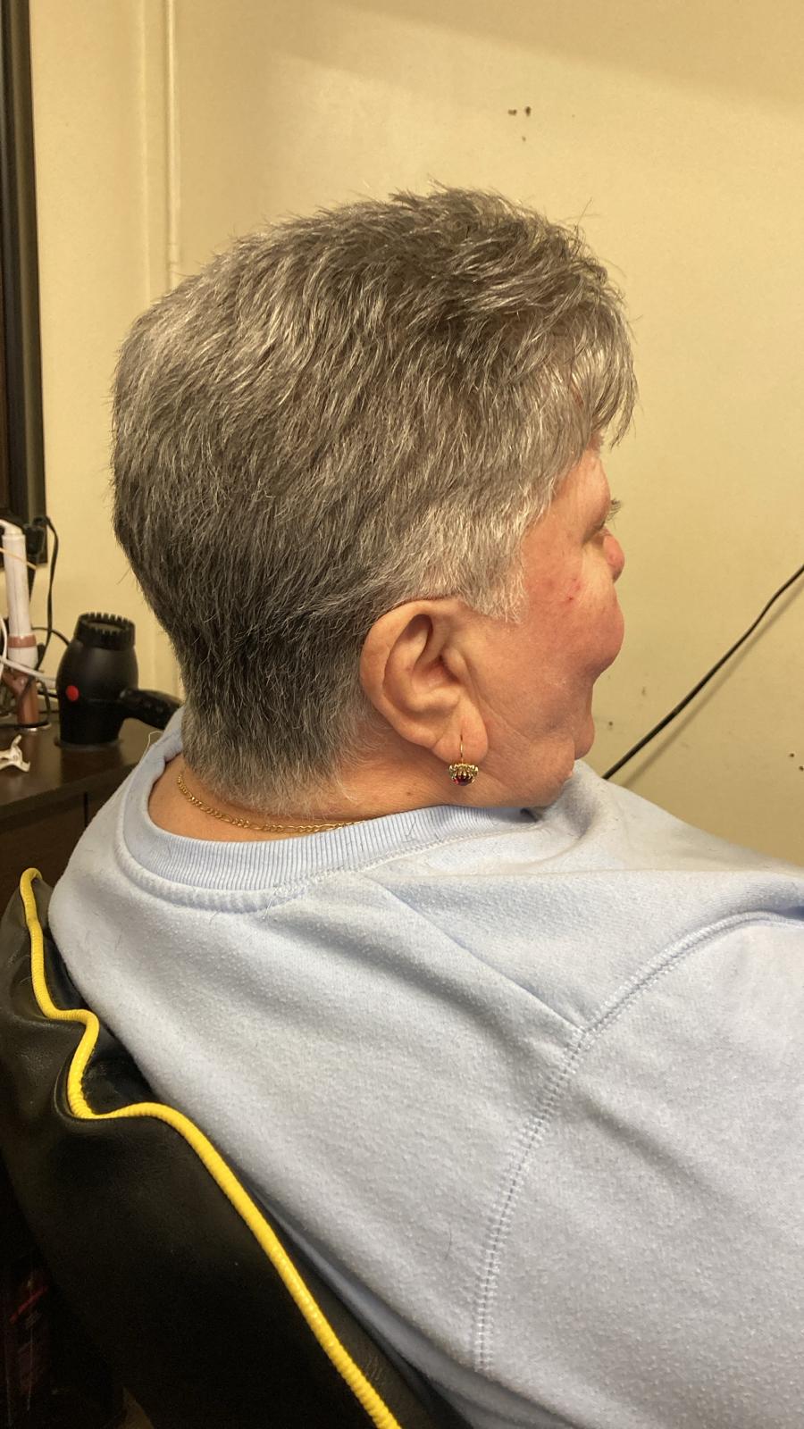 Older individual with short, neatly trimmed, in a classic pixie cut. The hair has a natural texture and volume, and the cut is closely cropped at the nape of the neck for a tidy appearance.