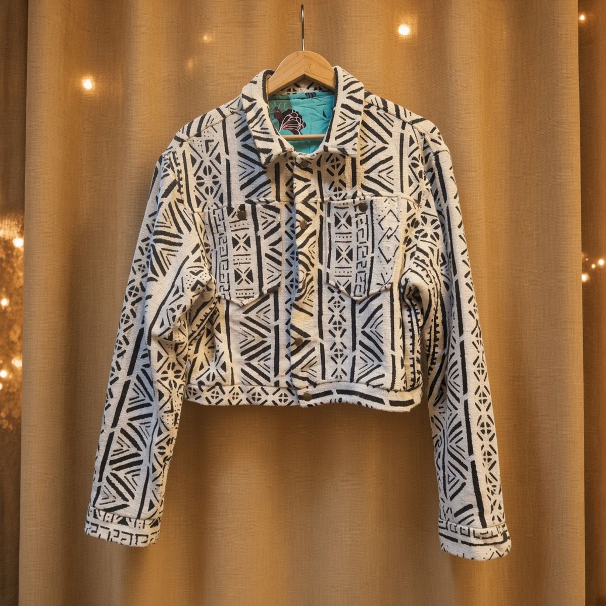 JKT-005 handmade jacket on a warm gold textile background
