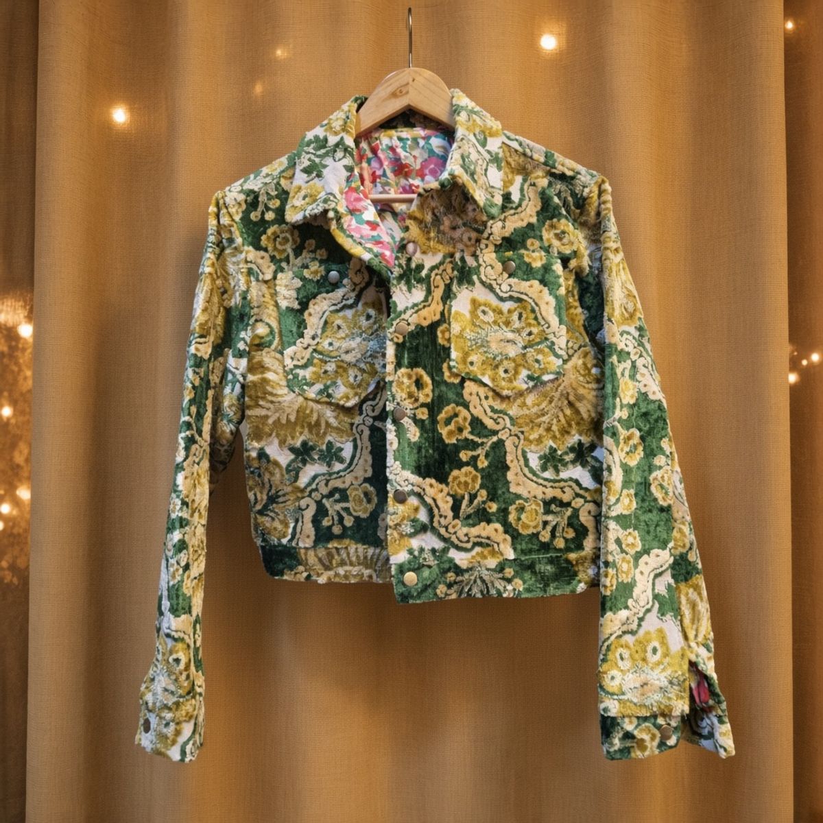 JKT-013 handmade jacket on a warm gold textile background