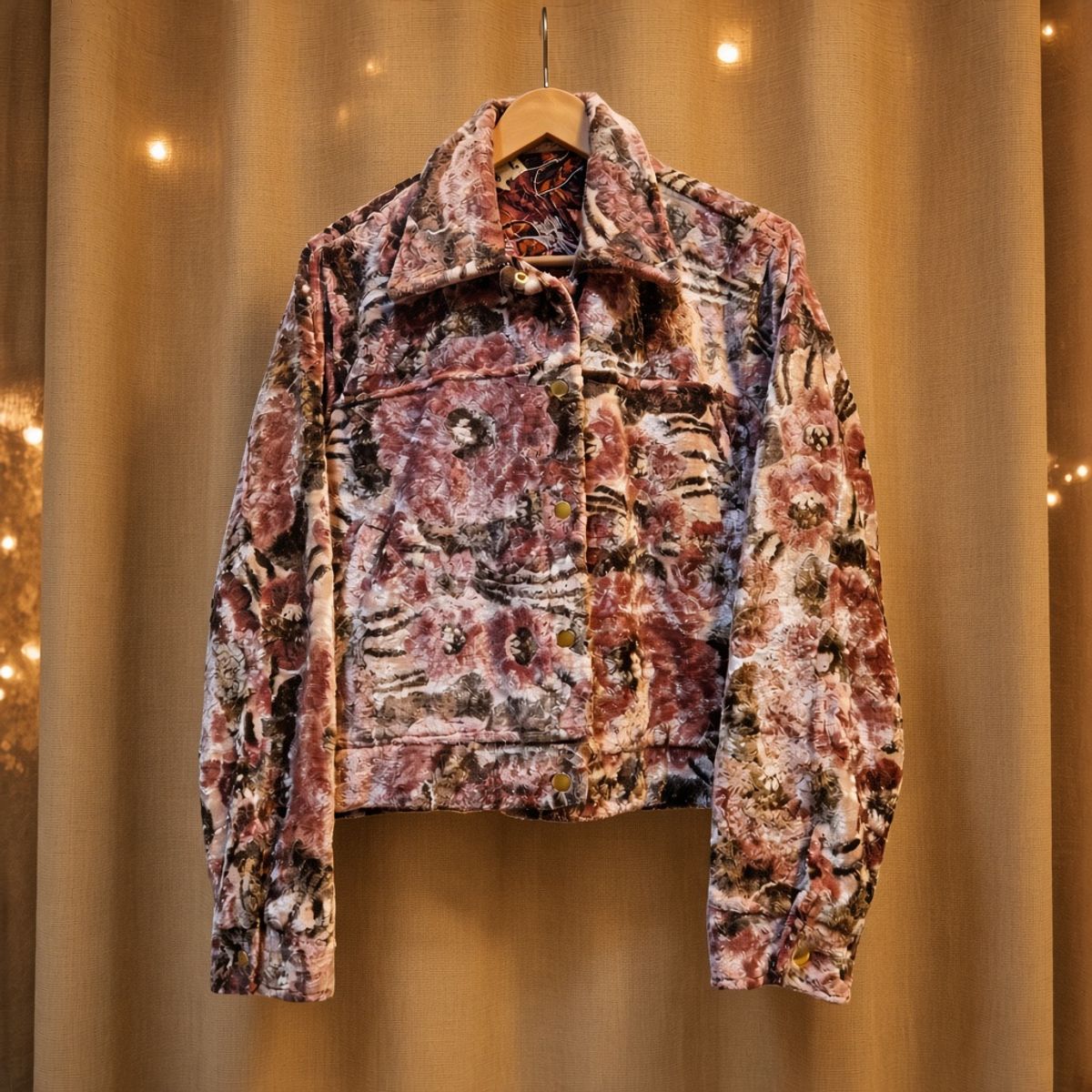 JKT-001 handmade jacket on a warm gold textile background