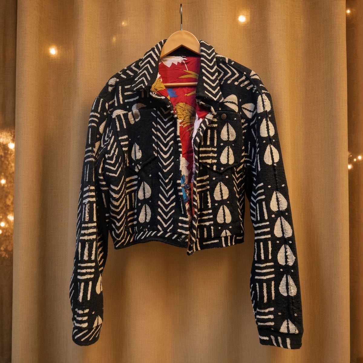 JKT-011 handmade jacket on a warm gold textile background