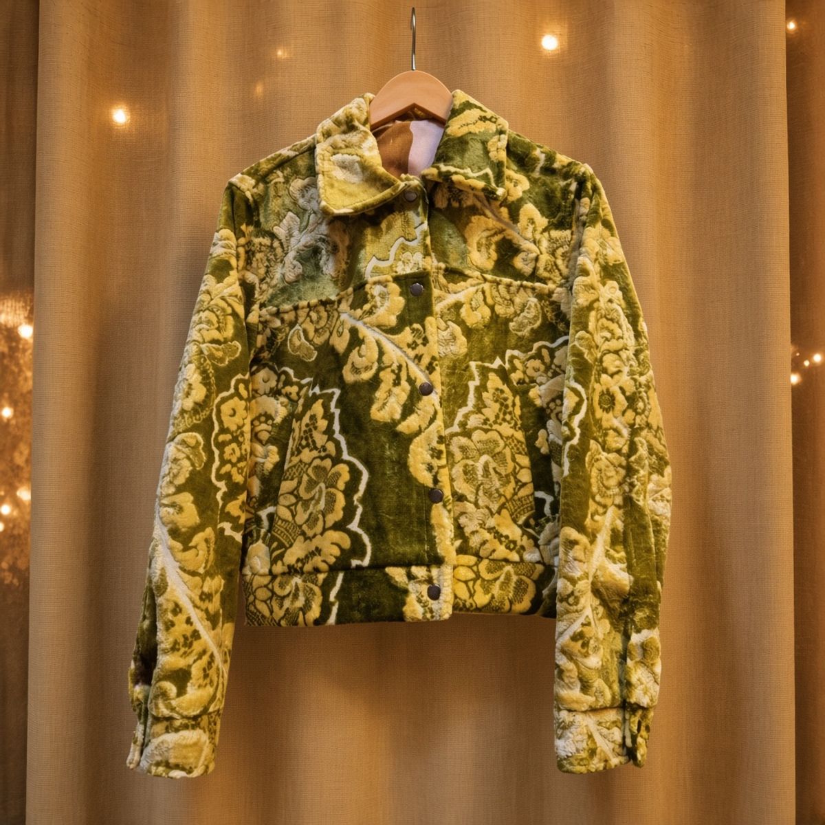 JKT-006 handmade jacket on a warm gold textile background