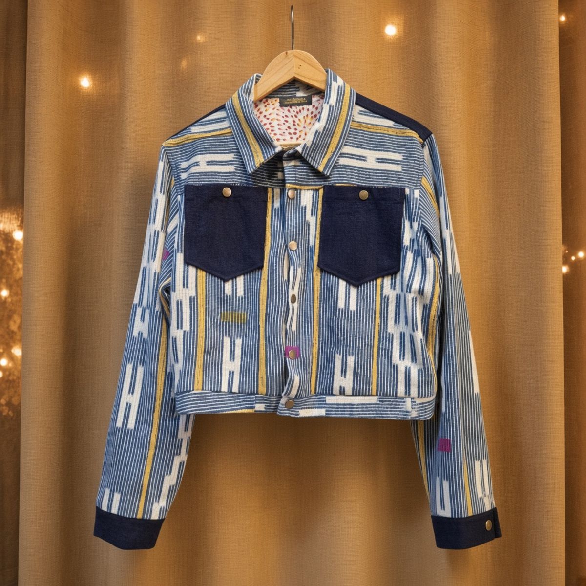 JKT-012 handmade jacket on a warm gold textile background