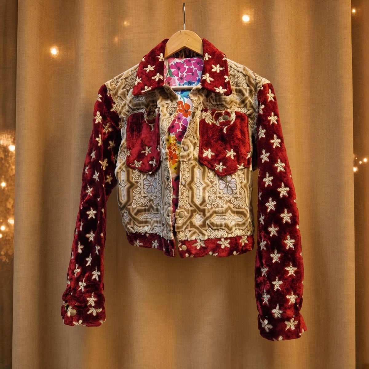 JKT-017 handmade jacket on a warm gold textile background