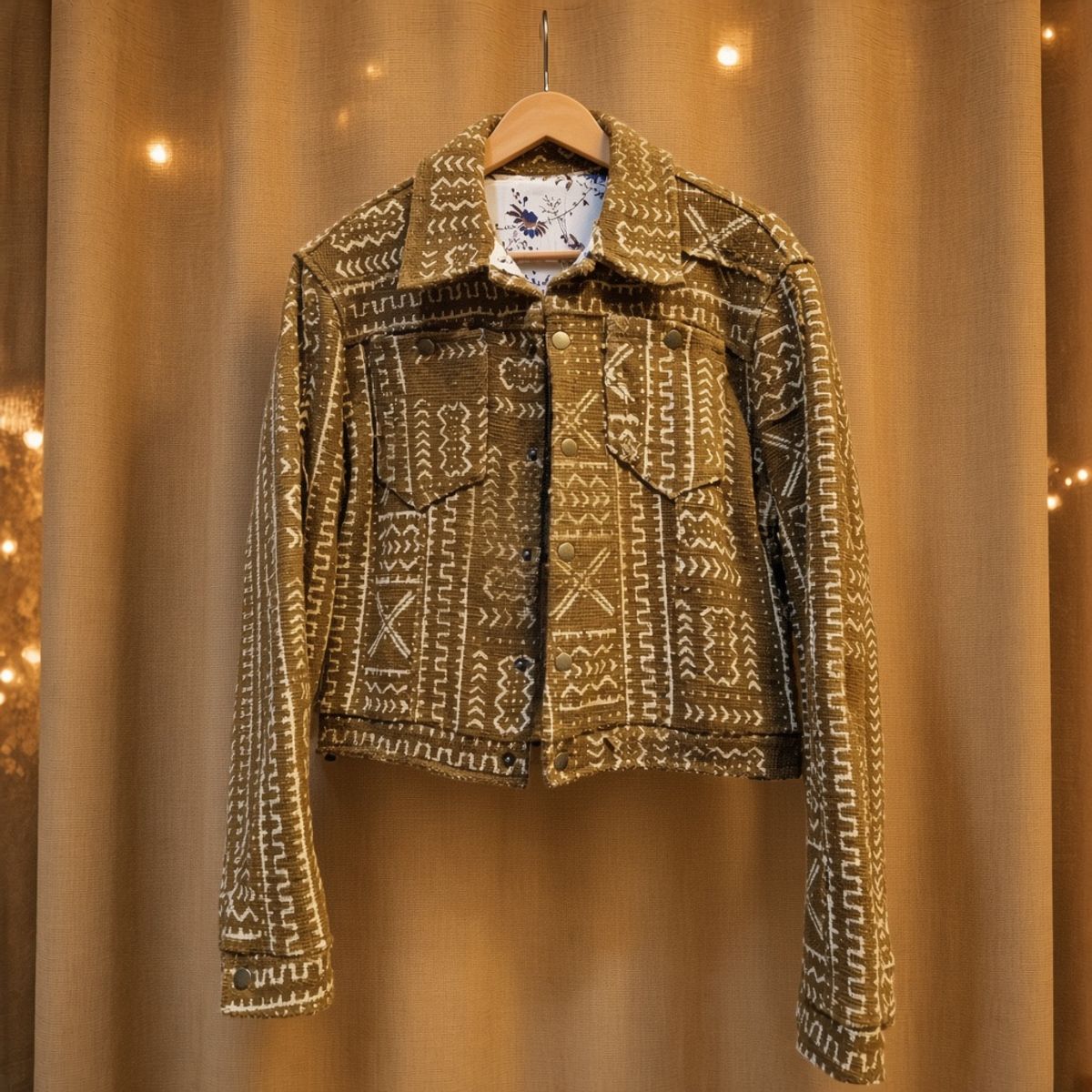 JKT-016 handmade jacket on a warm gold textile background