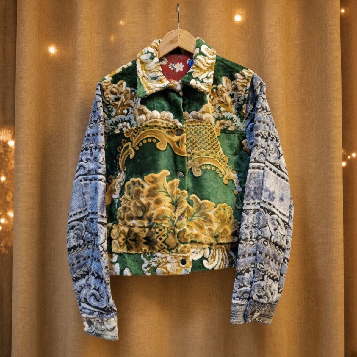 JKT-002 handmade jacket on a warm gold textile background