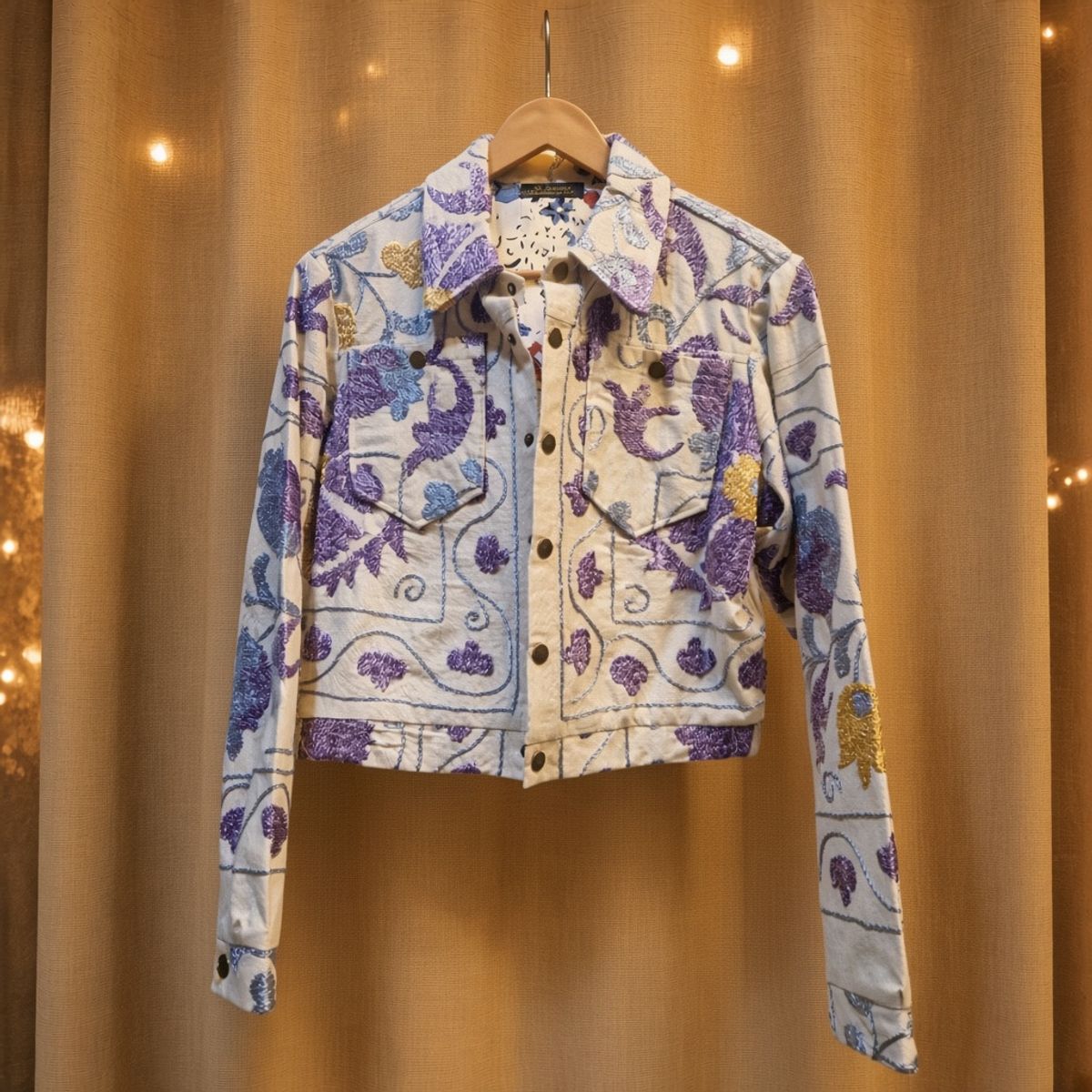 JKT-010 handmade jacket on a warm gold textile background
