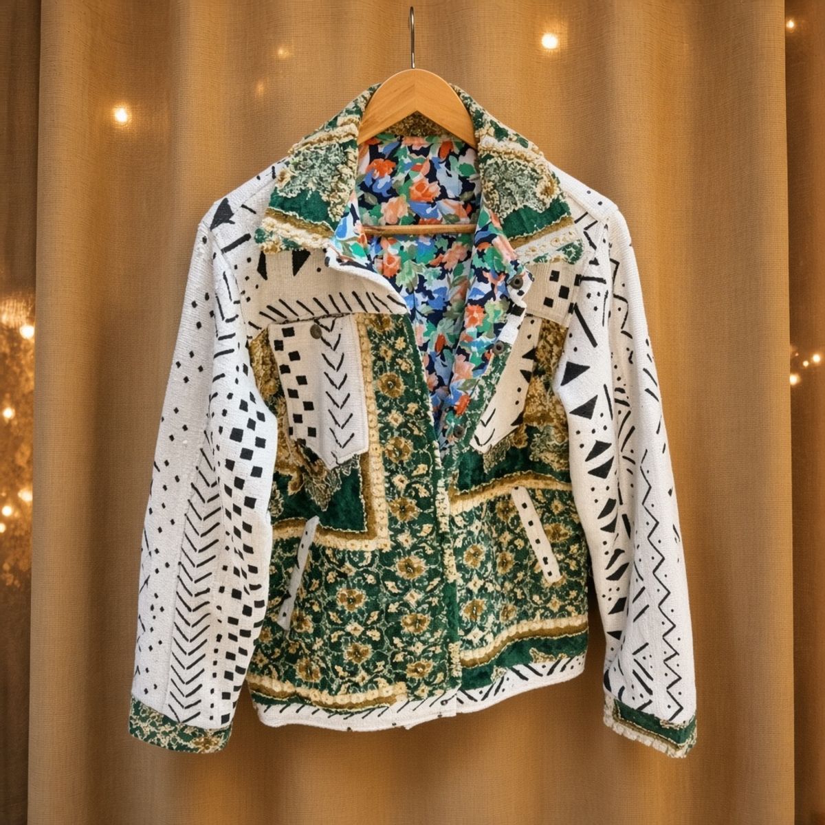 JKT-009 handmade jacket on a warm gold textile background