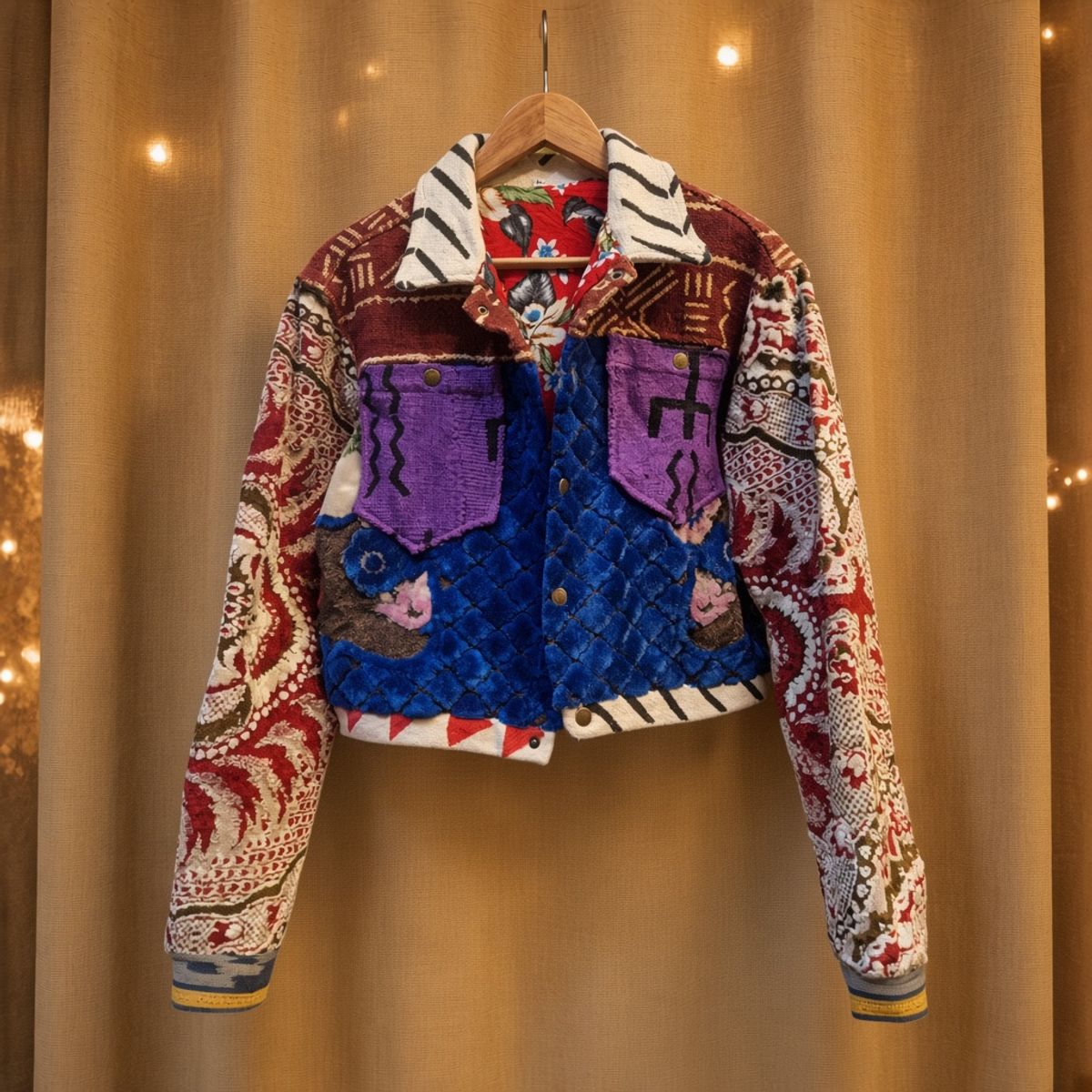 JKT-015 handmade jacket on a warm gold textile background