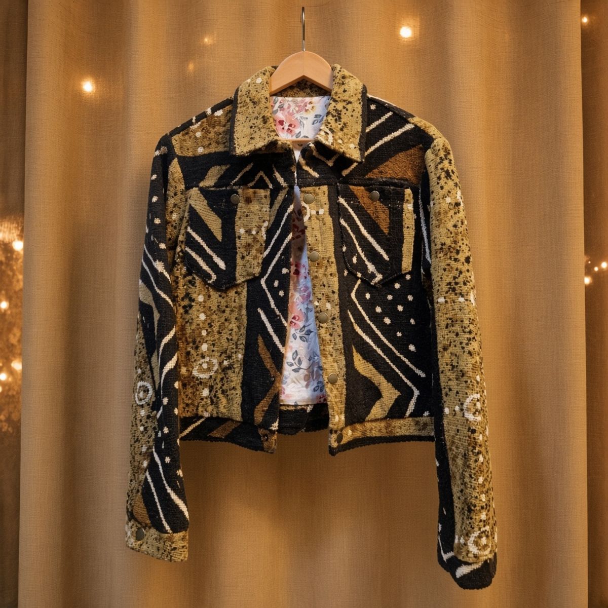 JKT-014 handmade jacket on a warm gold textile background