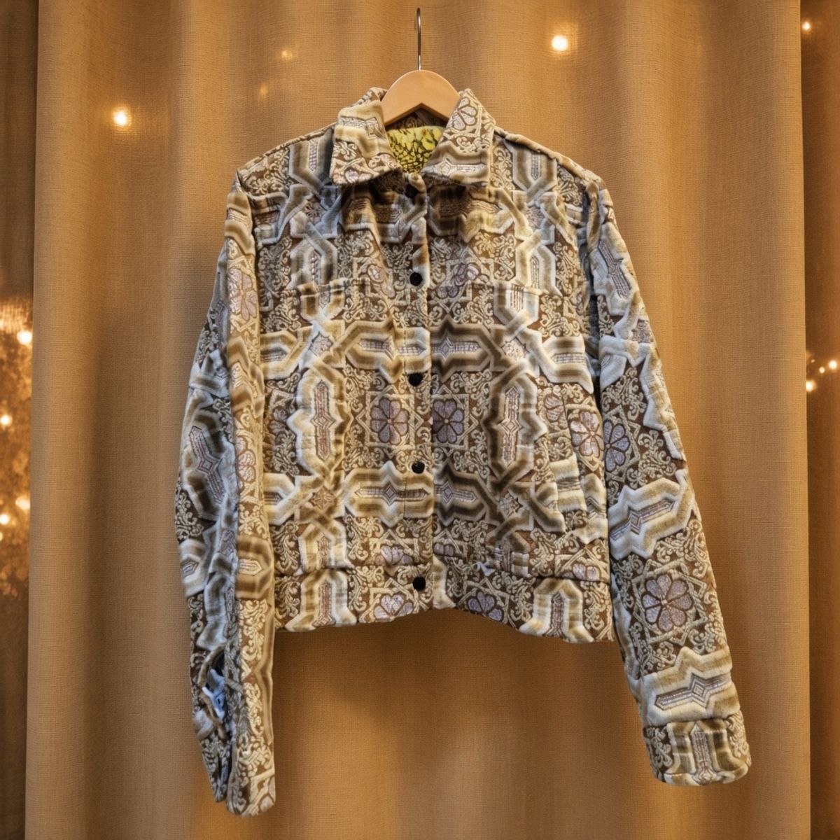 JKT-004 handmade jacket on a warm gold textile background