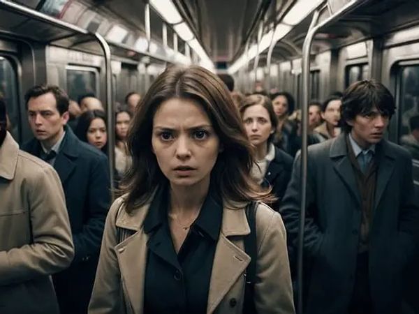 Frau mit ängstlichem Gesichtsausdruck in einer überfüllten U-Bahn, symbolisiert Agoraphobie