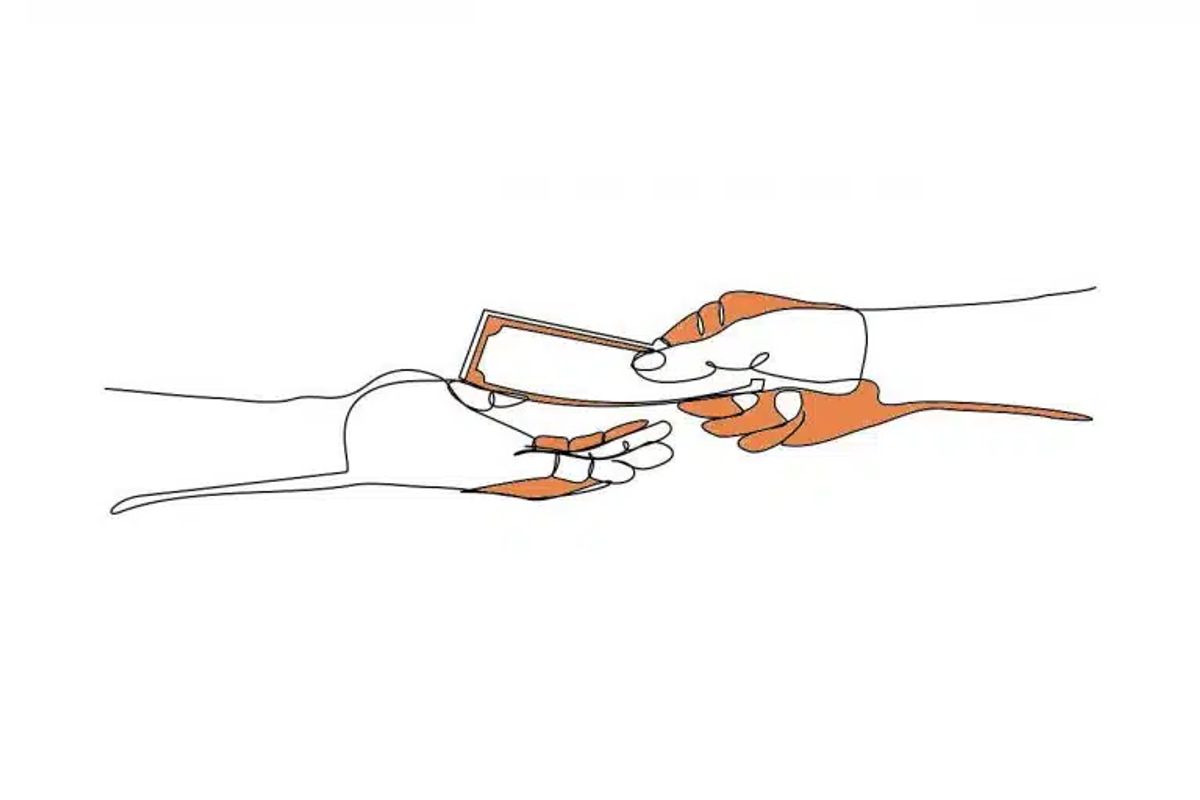 Zeichnung wie Geld von einer Hand zu einer anderen wechselt