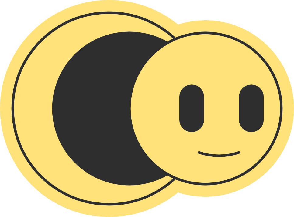 Illustration stylisée sous forme d'autocollant jaune montrant un bonhomme sourire simpliste qui glisse hors d'un cadre circulaire noir et jaune, avec des contours noirs et une bordures épaisse jaune.
