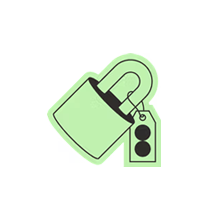 Un autocollant vert représentant un cadenas et une étiquette attachée avec deux cercles noirs.
