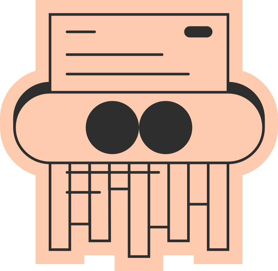 Une illustration vectorielle minimaliste d'un document de couleur pêche inséré dans une déchiqueteuse à papier et en ressortant en lambeaux, mettant en vedette le logo d'oxio, le tout entouré d'une bordure pêche de style autocollant