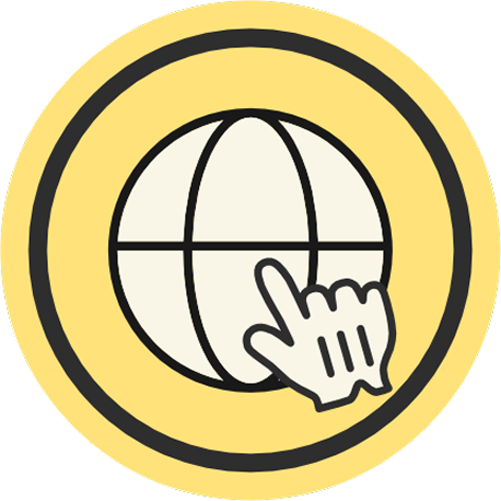 Pictogram of globe with a hand pointing at it
