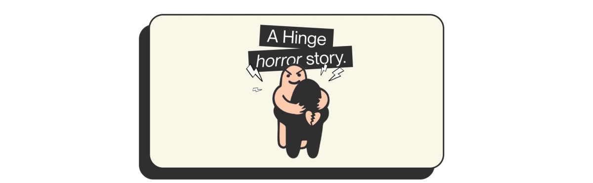 alt="Button with the title A Hinge horror story and two cartoon characters hugging with a broken heart and lightning bolts around them."