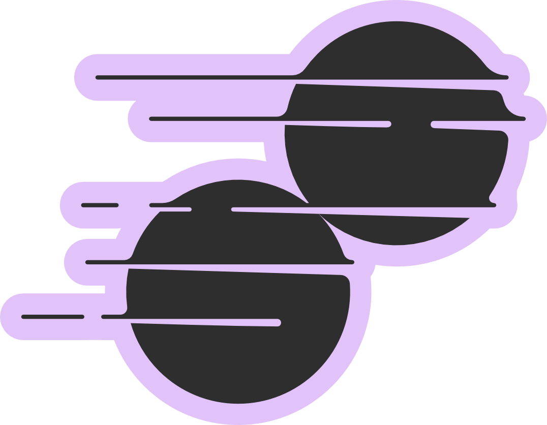 A minimalist vector graphic of the oxio logo sliced by horizontal speed lines to convey rapid motion, featuring the oxio logo, all enclosed in a lilac sticker-style border