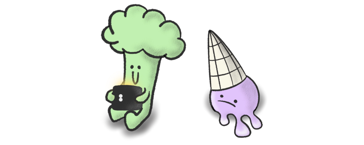 alt="Illustration of a broccoli character sitting down and watching content on a tablet next to a scroop of purple ice cream looking sad while melting with a cone on its head"