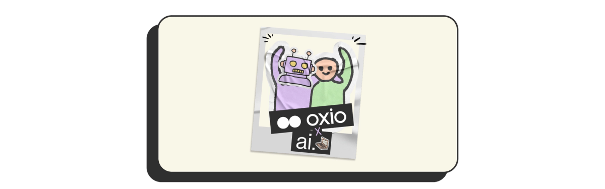 alt="Cartoon illustration of a photo of a robot and person with their arms around each other waving and the words oxio x ai below them."