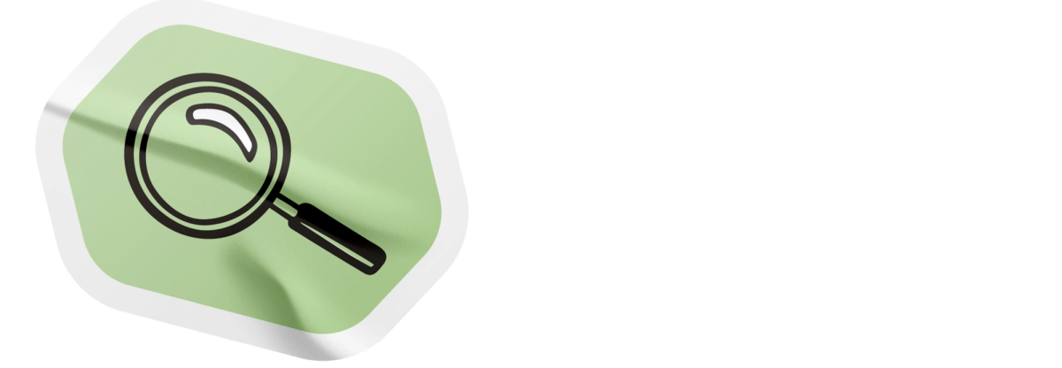 Green sticker of a hand drawn magnifying glass.