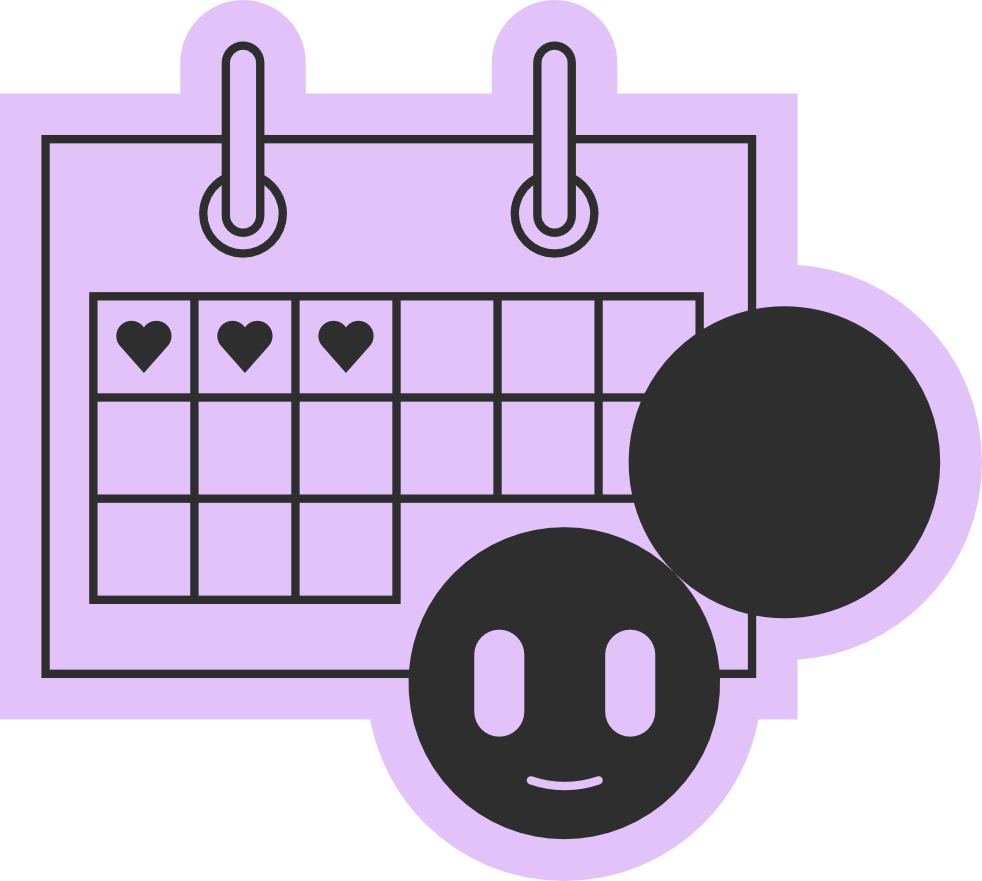 Un autocollant lilas représentant un calendrier avec des cœurs et deux cercles noirs. Un des cercles arbore un bonhomme sourire.