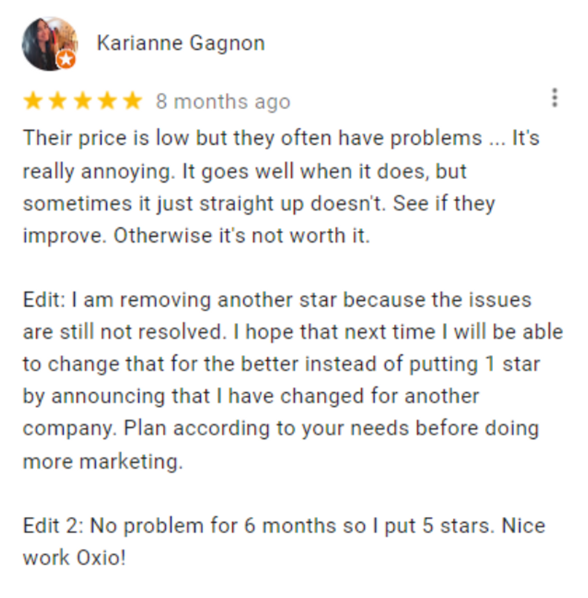 Screenshot of a review by Karianne Gagnon