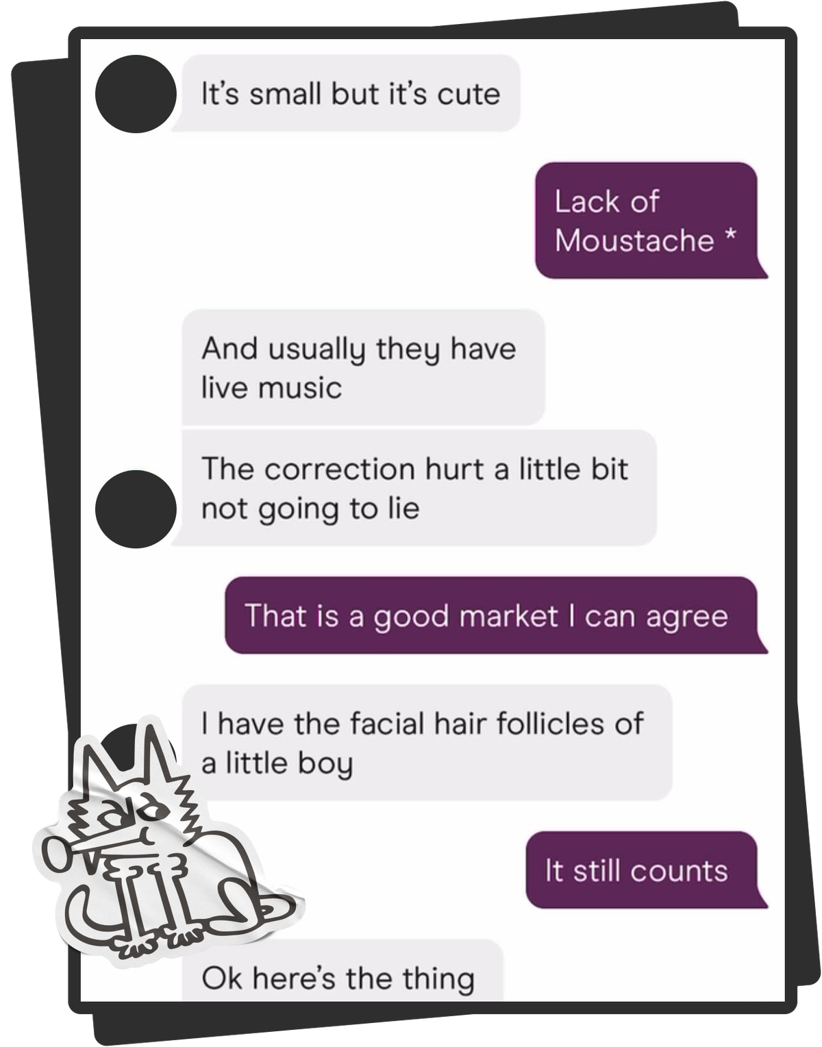 alt="Screenshot of chat history on Hinge talking about lack of a mustache and a good market. Sticker of cartoon cat on bottom left."