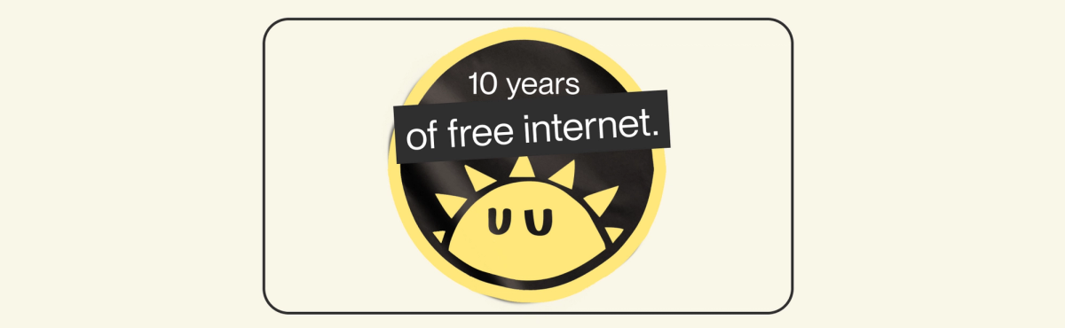 alt="Rising sun with text stating 10 years of free internet."
