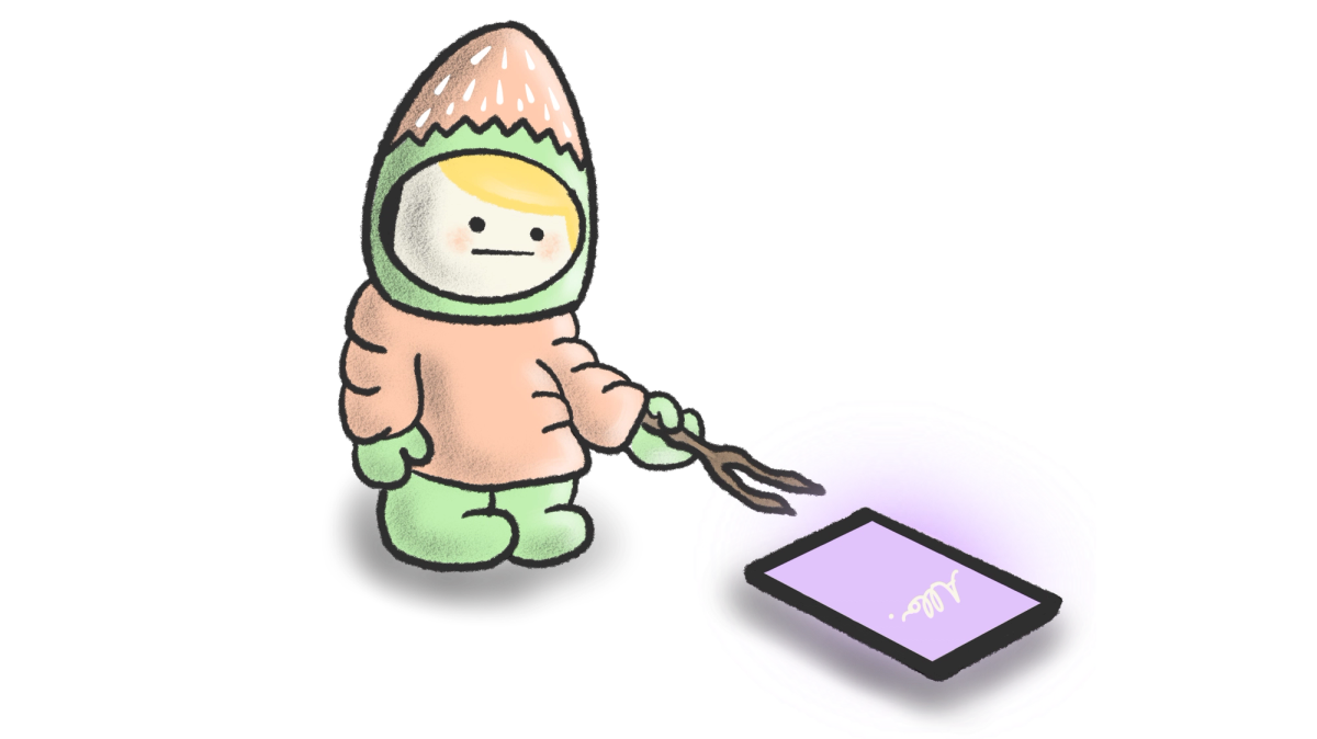 alt="Illustration of a kid with a strawberry themed hat and snowsuit holding a stick ready to poke a tablet on the ground that is turned on and reads Allo"