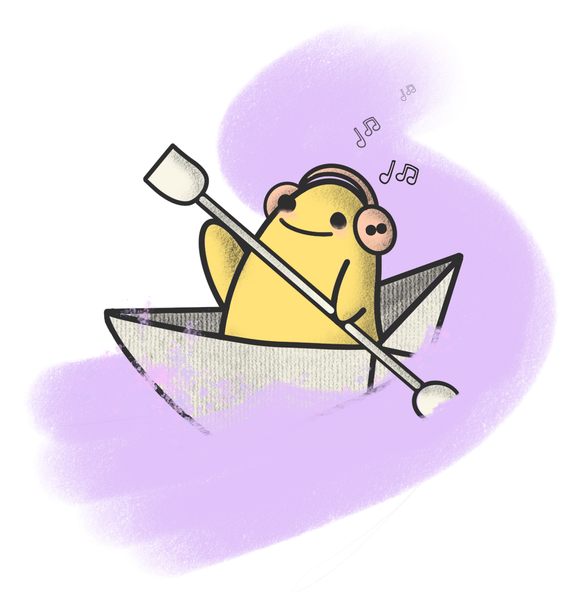 alt="Blob character in a paper boat streaming music while paddling down a purple river." 