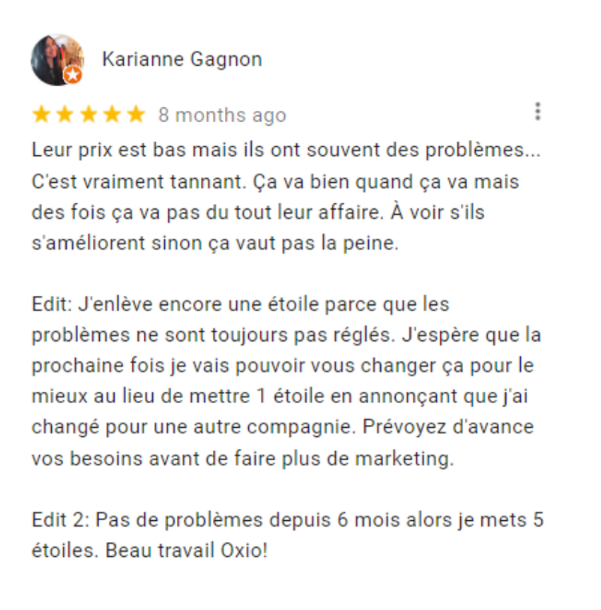 Capture écran d'un review Google de la part de Karianne Gagnon