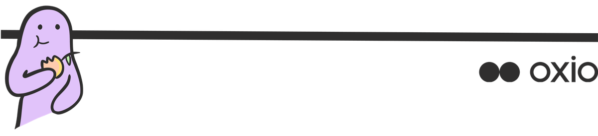 alt="line separator with purple character eating peach and oxio logo"