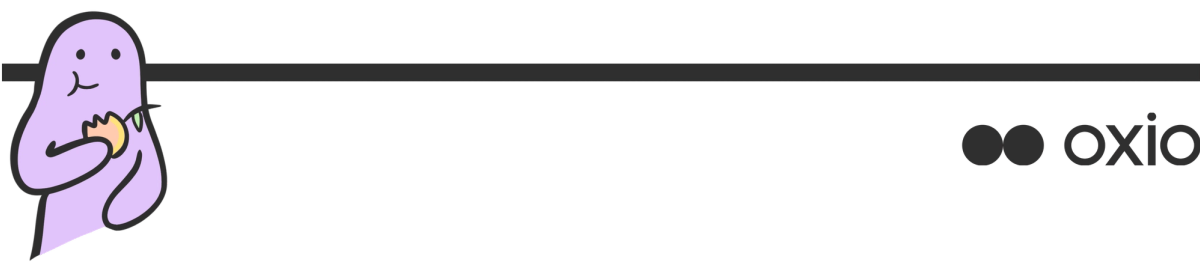 alt="line separator with purple character eating peach and oxio logo"