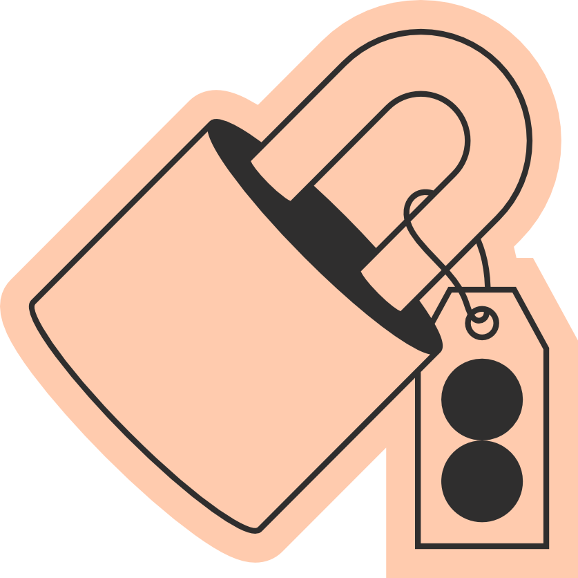 A peach-coloured sticker of a padlock and a tag with the oxio logo