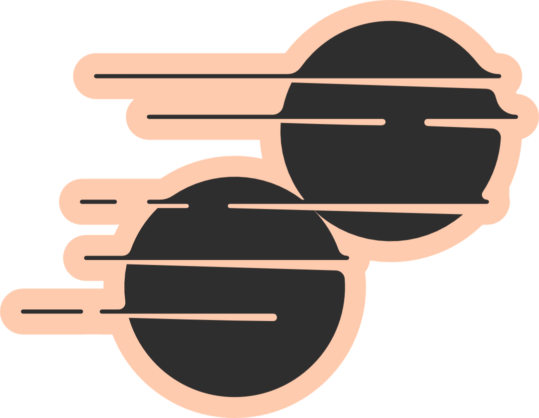 Minimalist peach and black illustration of two dark circles with horizontal motion lines, representing high speed.