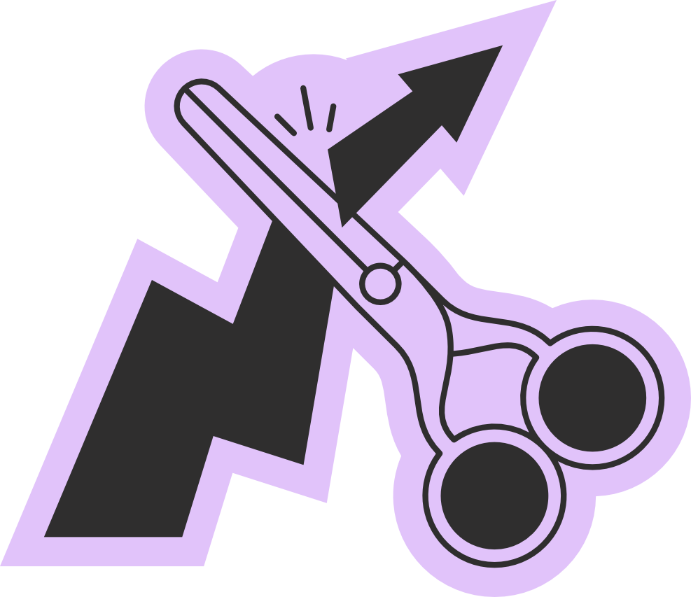 Minimalist lilac and black illustration of a pair of scissors cutting through a rising trend arrow, symbolizing the end of price hikes