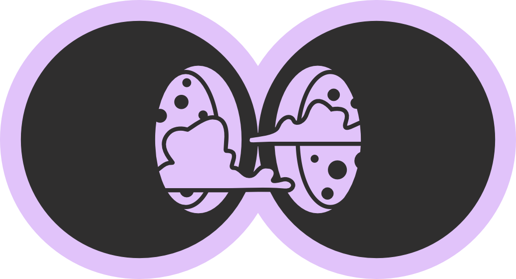 A lilac-coloured sticker of two black balls with portals in them facing each other and clouds floating out.