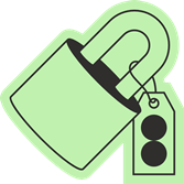 Un autocollant vert représentant un cadenas et une étiquette attachée avec deux cercles noirs.