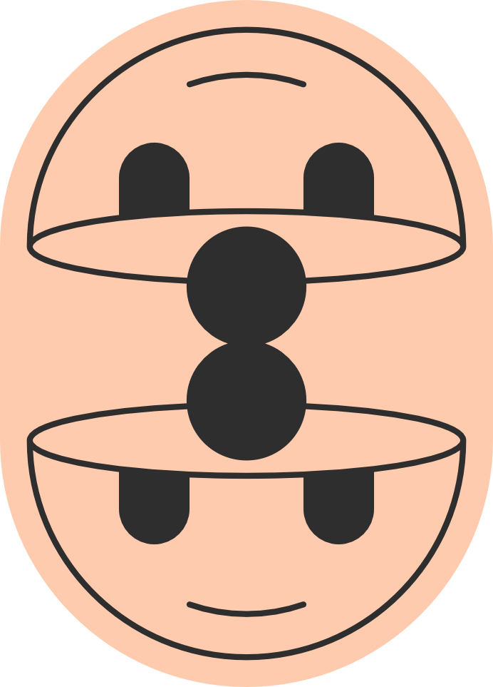 A peach-coloured sticker of a smiley face opening up in the middle to reveal two black circles.