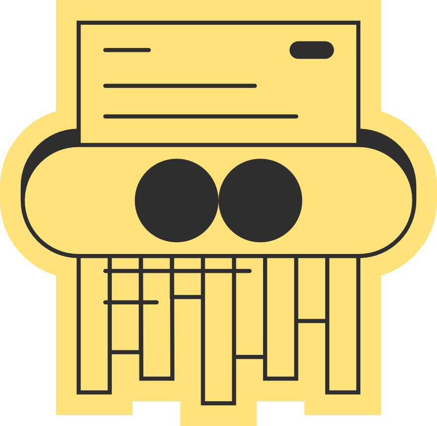Yellow and black minimalist illustration of a paper shredder with the oxio logo on its front, shredding a contract