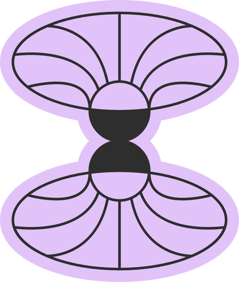 A lilac-coloured sticker of two black circles falling through portals and meeting in the middle