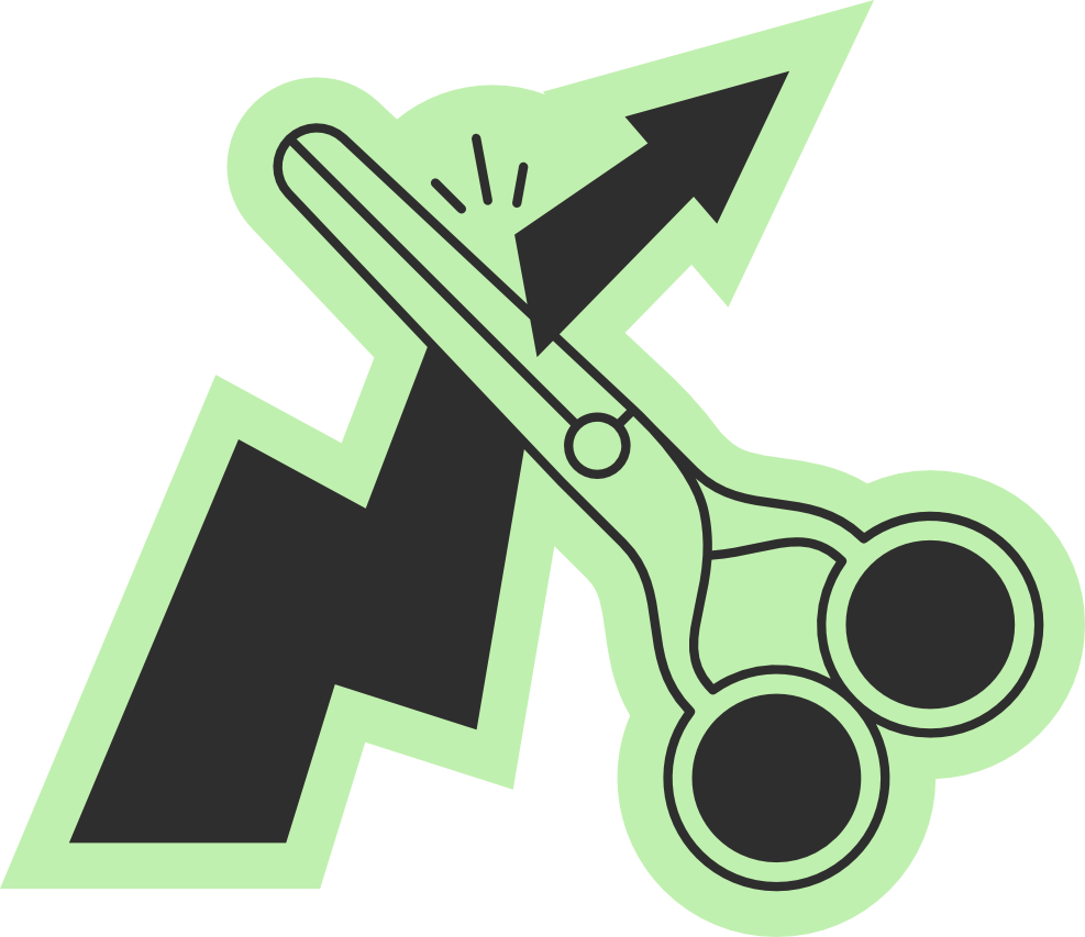 A green-coloured sticker of scissors cutting an upwards graph arrow