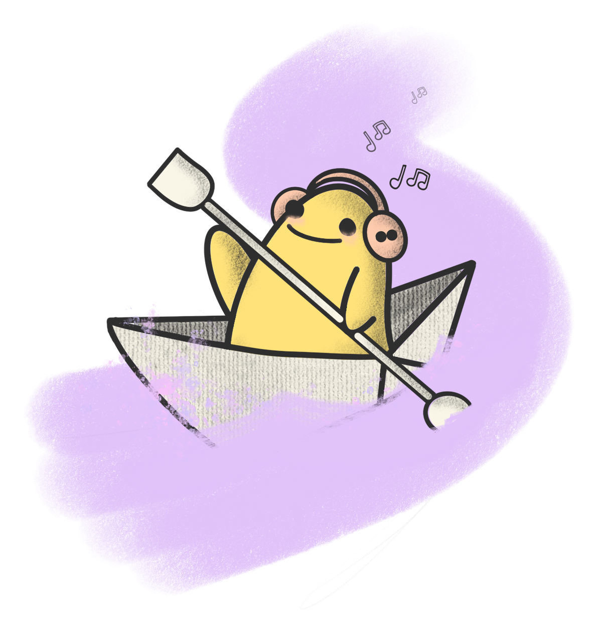 Blob character in a paper boat streaming music while paddling down a purple river.