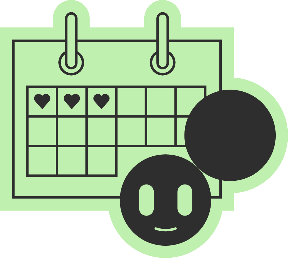 “Minimalist lime green and black illustration of a calendar featuring heart icons in the grid, paired with a smiling face.