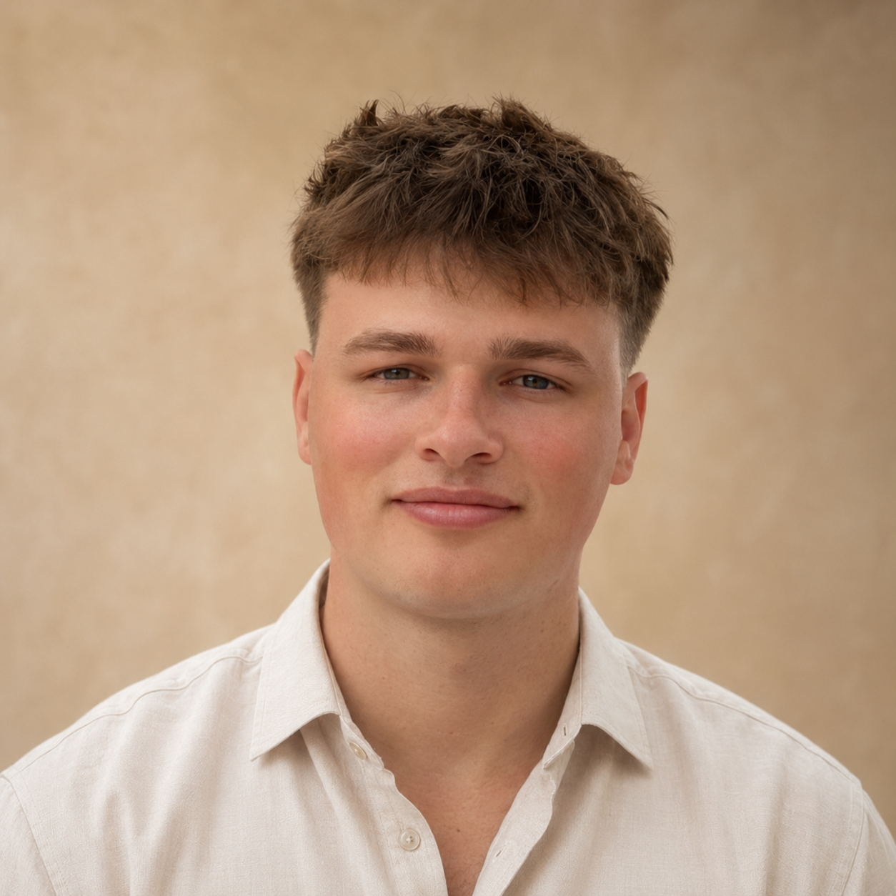 a picture of the ASHLAR founder, Samuel Simmonds. wearing a white shirt on a beige background