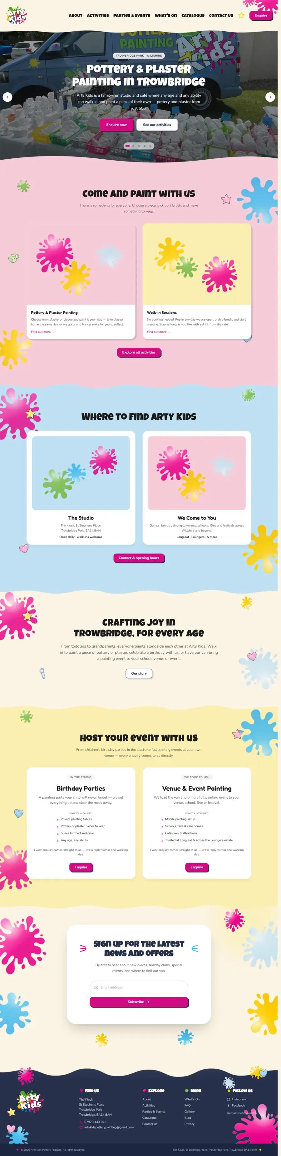 The Arty Kids website, from the pottery-painting hero down to sessions, parties and the enquiry form.