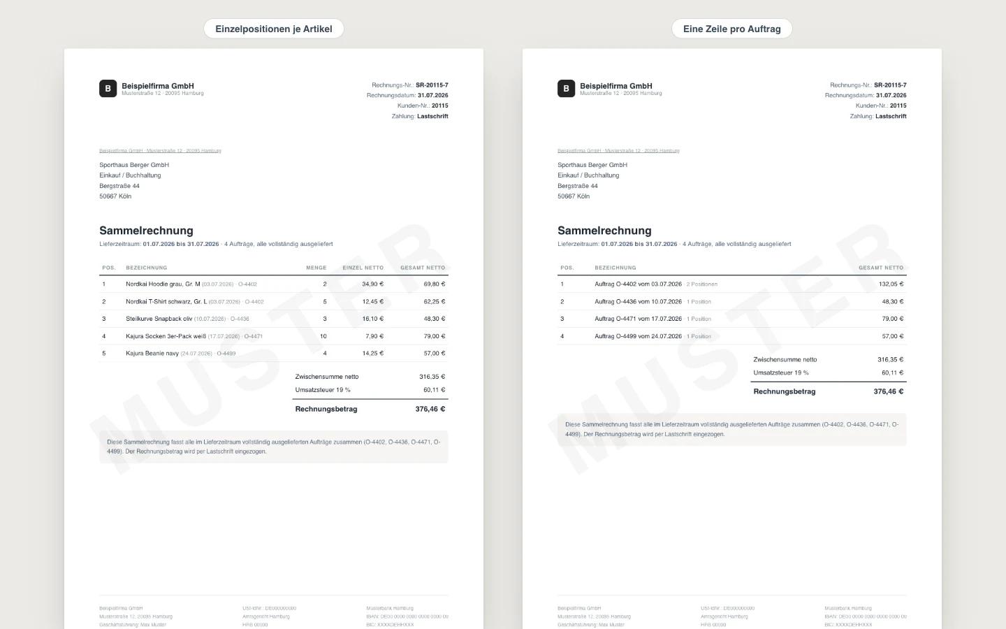 Zwei Beispiel-Sammelrechnungen im DIN-A4-Format: links mit Einzelpositionen je Artikel, rechts mit einer Zeile pro Auftrag (Musterdaten)