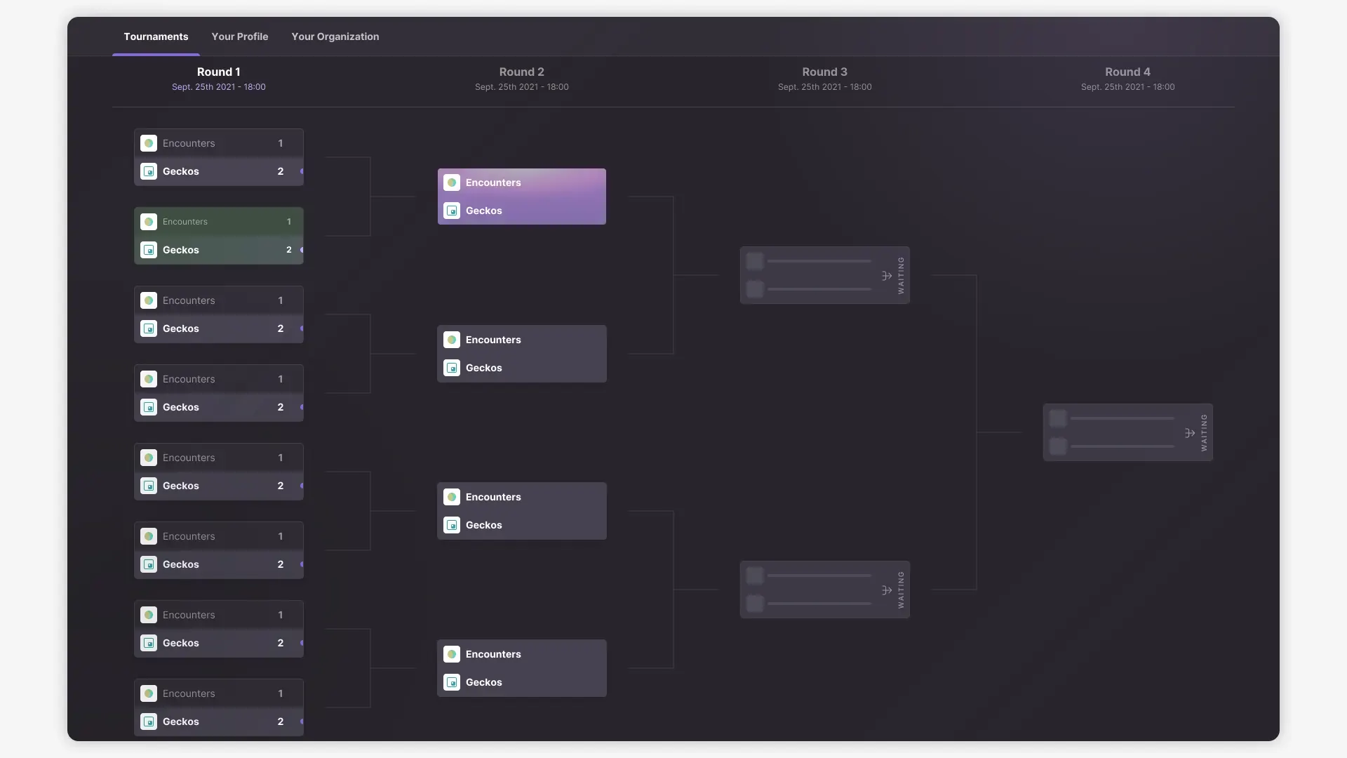 Tableau de tournoi en quatre tours dans Ultra Arena